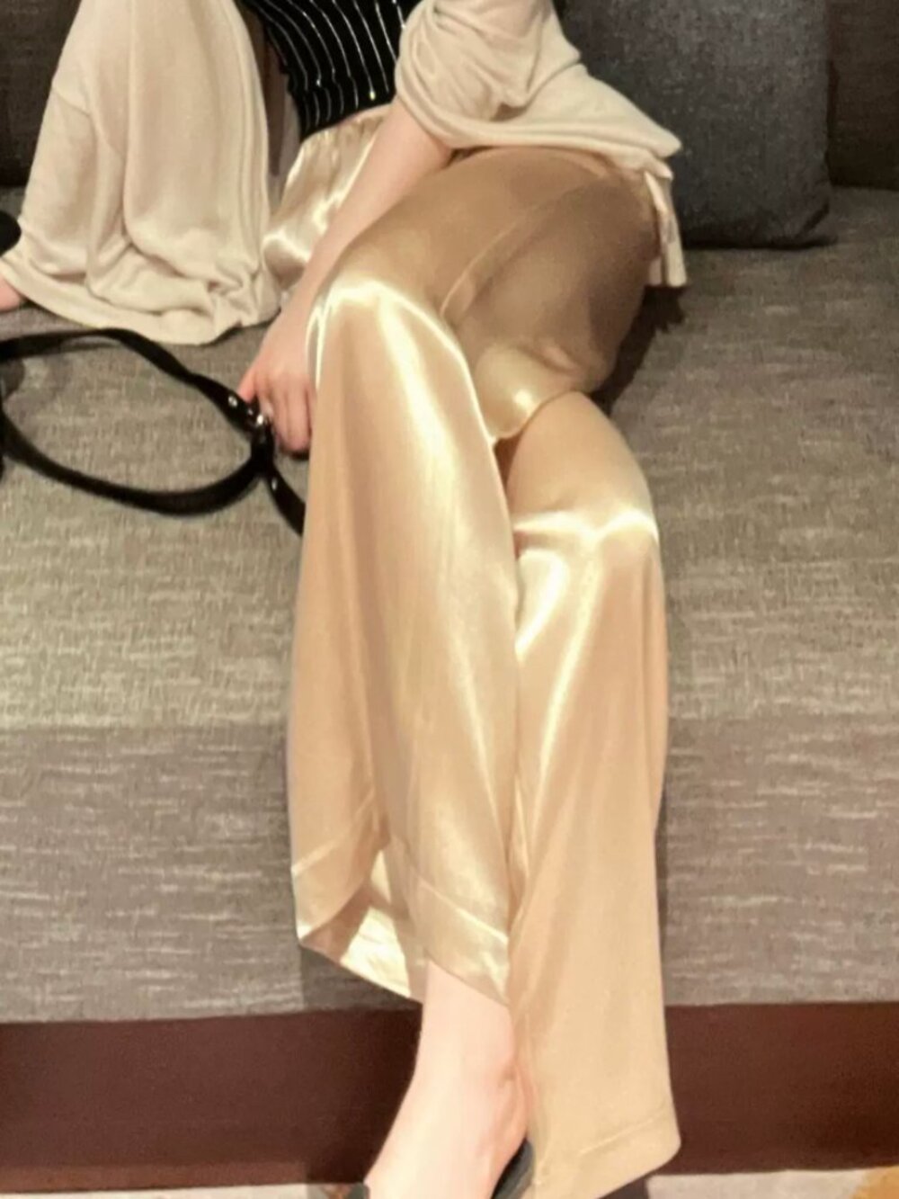 Wide Leg Satin Pants in Champagne - Women